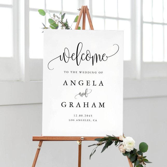Välkommen till söt Calligraphy Script Black Bröllo Poster (Pretty Calligraphy Script Black Wedding Welcome Poster)