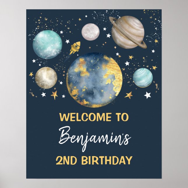 Välkommen till Space Galaxy Födelsedagsfest Navy G Poster (Framsidan)