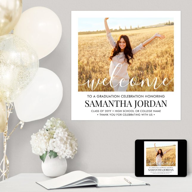 Välkommen till studentfest Photo White Script Squa Poster (Skapare uppladdad)