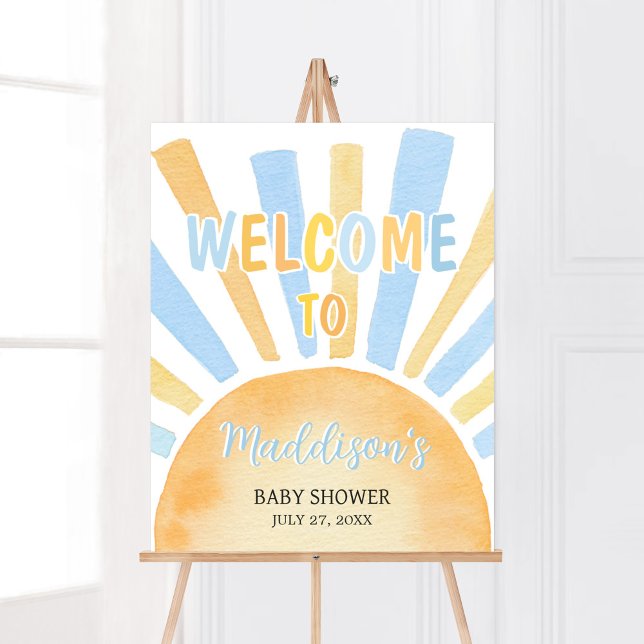 Välkommen till Sunshine Baby Shower Poster (Blue Boho Sunshine Baby Shower Welcome Sign)