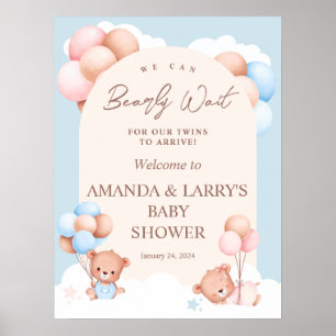 Välkommen till tvillingarnas teddybjörn-babyshower poster