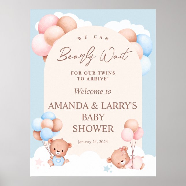 Välkommen till tvillingarnas teddybjörn-babyshower poster (Framsidan)