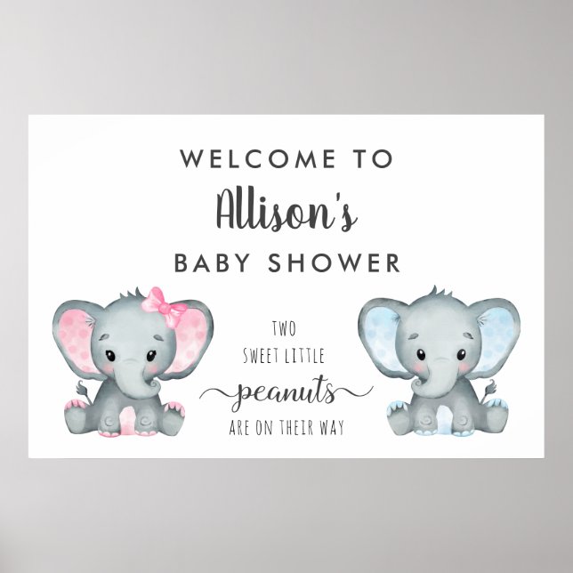 Välkommen till Twin Boy Elephant Baby Shower Poster (Framsidan)