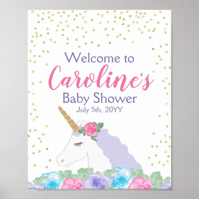 Välkommen till Unicorn Rosa & Guld Baby Shower Poster (Framsidan)
