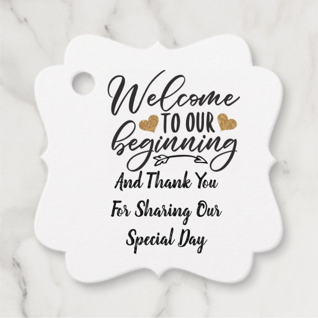 Välkommen till vår början gåvor etiketter (Framsida)