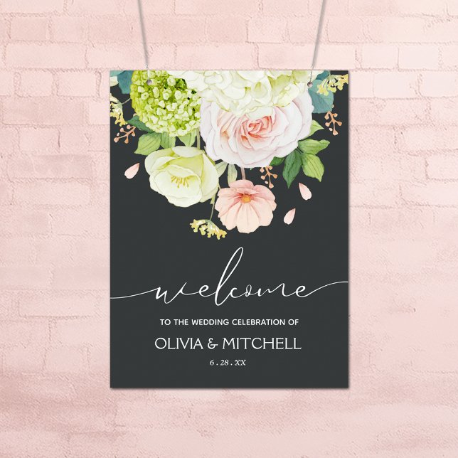 Välkommen till vår Bröllop-Blommigt Poster (Flowers on Pale Onyx Wedding Welcome Poster - INSTANT DOWNLOAD or PRINTED (framed, too))