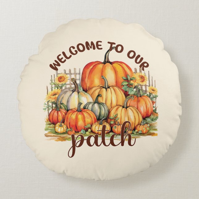 Välkommen till vår korrigering - Mysigt Pumpkin-ko Rund Kudde (Framsidan)