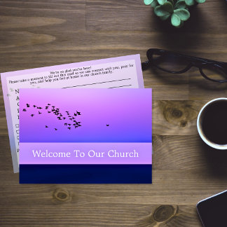 Välkommen till vår kyrka besökare Purple Sunset Kort