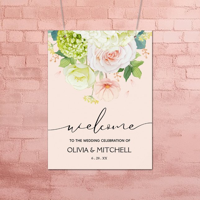 Välkommen till vår  Rosa i Bröllop Poster (Flowers on Blush Pink Wedding Welcome Poster - INSTANT DOWNLOAD or PRINTED (framed, too))