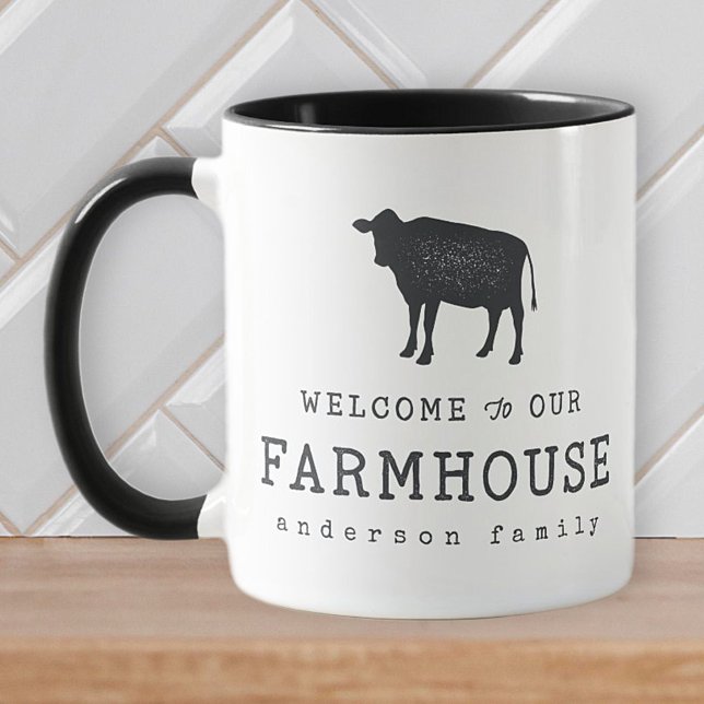 Välkommen till vårt lantbruk Land Rustic Cow Mugg (Skapare uppladdad)