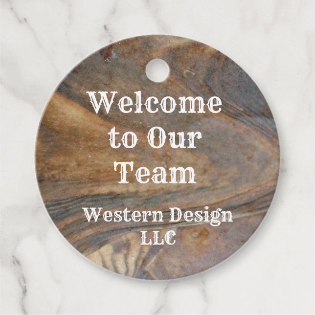 Välkommen till Vårt Team Brun Trästruktur Anställd Gåvor Etiketter (Framsida)