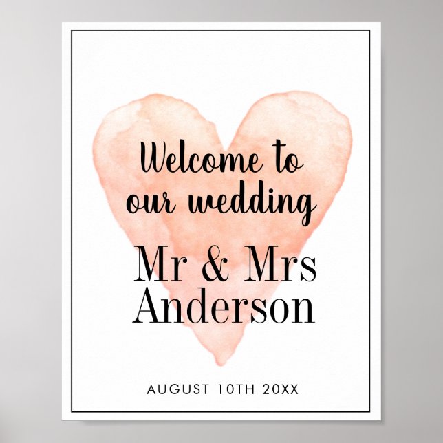Välkommen till vårt vattenfärgshjärta i bröllop poster (Framsidan)
