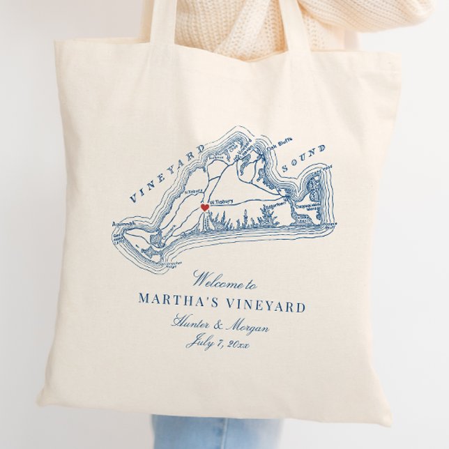 Välkommen till väster Tisbury MORSA Wedding Favor Tygkasse (West Tisbury Martha's Vineyard Wedding Welcome Tote Bag Wedding Favor in elegant navy blue )