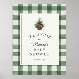 Välkommen till vintergrön och rutig baby shower poster