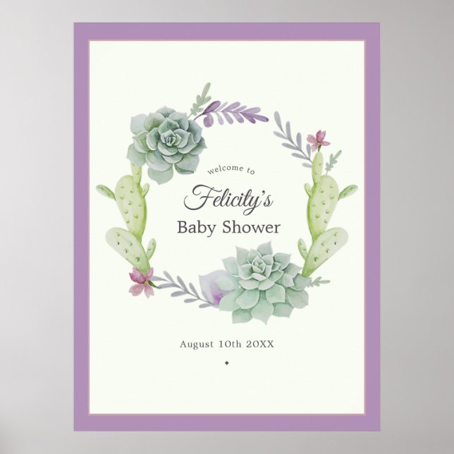 Välkommen till Watercolor Succulents Baby Shower Poster (Framsidan)