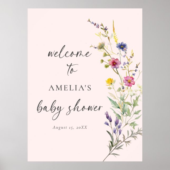 Välkommen till Wildblommans Blommigt Rosa Baby Sho Poster (Framsidan)