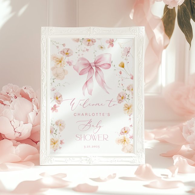Välkommen till Wildbloms Rosa Bow Baby Shower Poster (Skapare uppladdad)