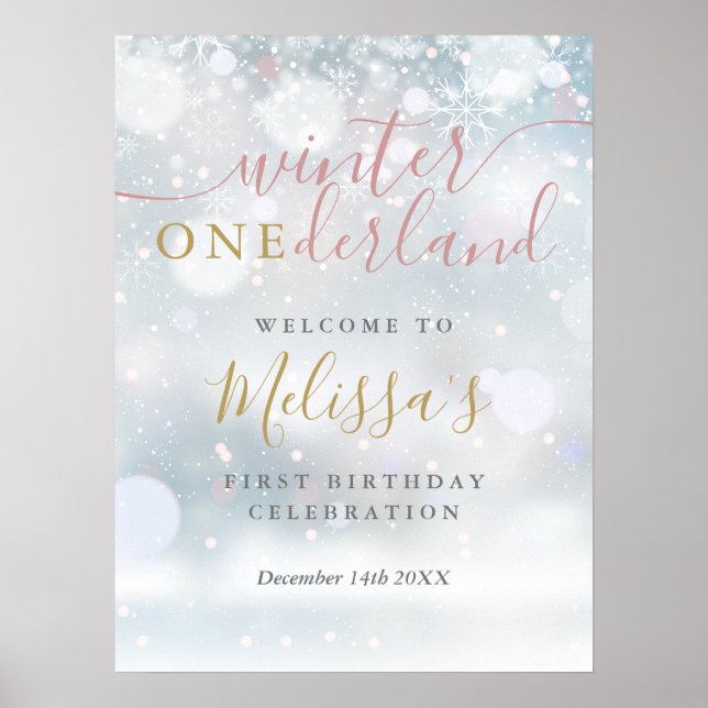 Välkommen till Winter Onederland 1-årsdag Rosa Gul Poster (Framsidan)