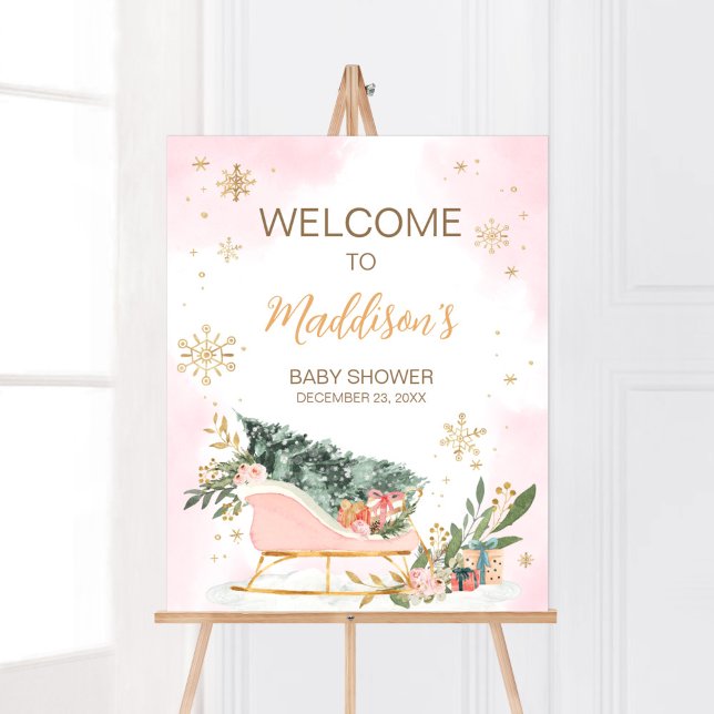 Välkommen till Winter Rosa Guld Snowflake Poster (Pink Sleigh Baby Shower Welcome Sign)