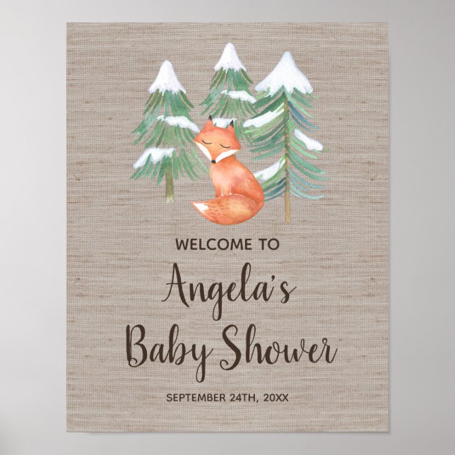 Välkommen till Winter Woodland Fox Baby Shower Poster (Framsidan)