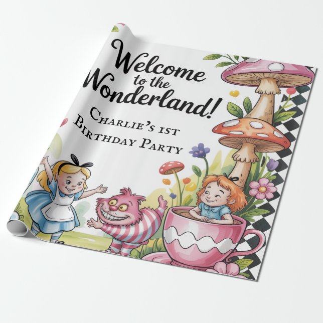 Välkommen till Wonderland 1:a födelsedagen Party Presentpapper (Utrullad)