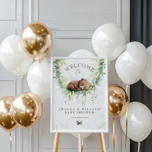 Välkommen till Woodland Bear Greenery Pojke Shower Poster