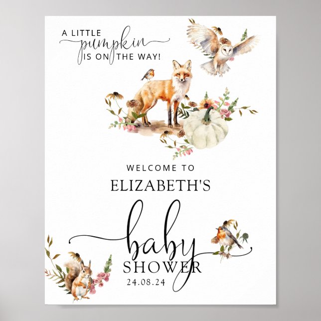 Välkommen till Woodland Pumpkin Fall Baby Shower Poster (Framsidan)