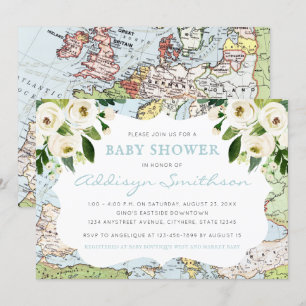 Välkommen till World Blommigt Karta Blue Baby Show Inbjudningar