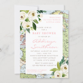 Välkommen till World Blommigt Karta Rosa Baby Show Inbjudningar