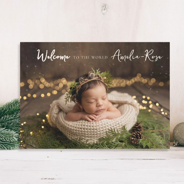 Välkommen till World Calligraphy Elegant Photo Bab Meddelande (baby announcement card modern calligraphy welcome to the world simple elegant classy rustic)