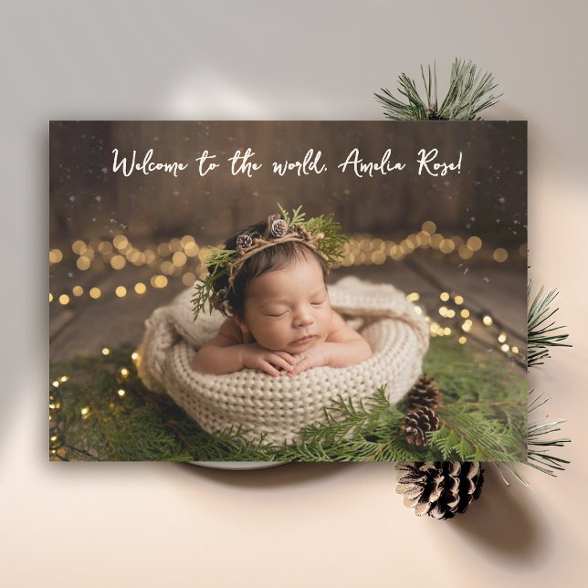 Välkommen till World Calligraphy Minimalist Photo  Meddelande (baby announcement card modern calligraphy welcome to the world simple elegant classy)