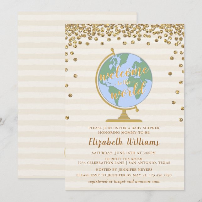 Välkommen till World Globe Baby Shower-inbjudan Inbjudningar (Fram/baksida)