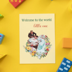 Välkommen till World Gult Blommigt Vintage Baby Vykort