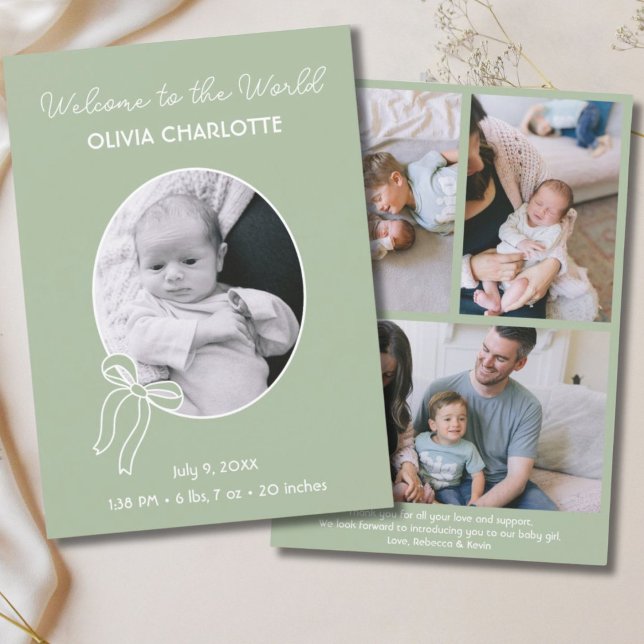 Välkommen till World Sage Green Newborn Baby Birth Meddelande (Welcome to the World Sage Green Newborn Baby Birth Announcement)