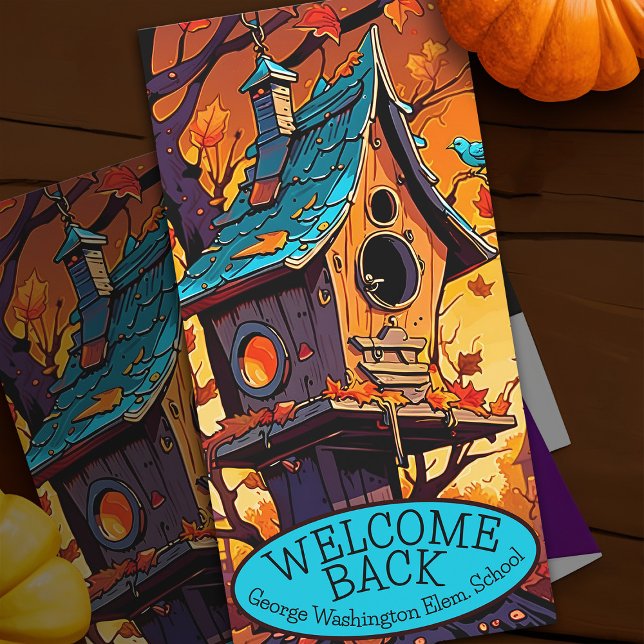 Välkommen tillbaka Lärare Fall Birdhouse School Ho Kort (Welcome back to school bird house schoolhouse fall leaves greeting card)