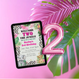 Välkommen TVÅ Jungle Pink 2-års födelsedag Inbjudningar