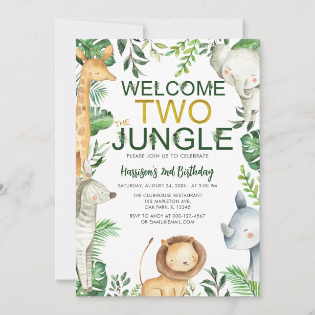 Välkommen två Jungle Safari Animals födelsedag Inbjudningar (Framsida)
