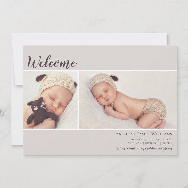Välkommen två Photo Ecru Baby Meddelande (Framsida)