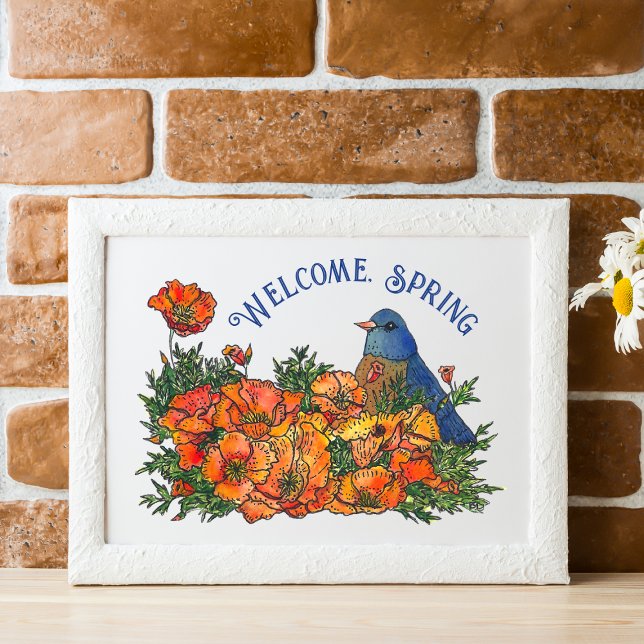 Välkommen Vår Bird och Flowers nedladdningsbara Poster (Welcome Spring Bird in Flowers Art Print)