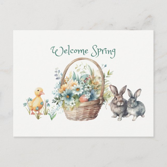 Välkommen Vår blommor Basket, Bunnies, Duckling Vykort (Framsida)