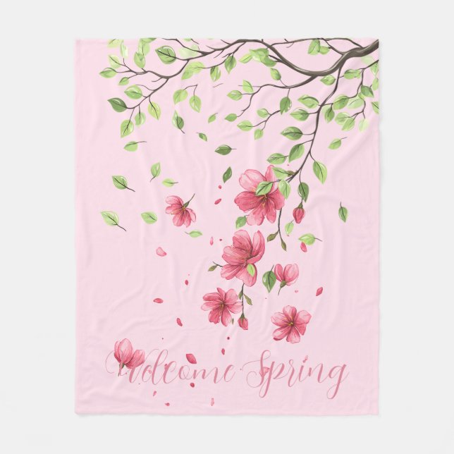 Välkommen vår med romantisk rosa körsbärsblomning fleecefilt (Framsidan)
