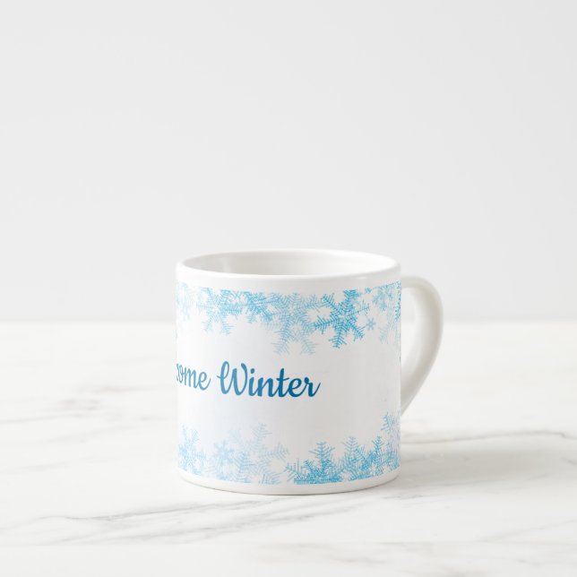 Välkommen vinter, vita blåa iskristaller espressomugg (Framsida höger)