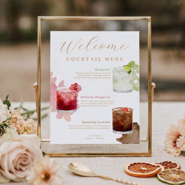 Välkommen Watercolor Cocktailar Bröllopsdryckmeny Poster (Welcome Watercolor Cocktails Wedding Drink Menu Poster)