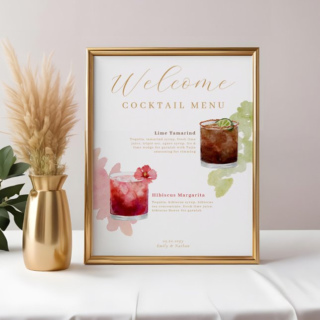 Välkommen Watercolor Cocktails Bröllop Drink Menu Poster (Welcome Watercolor Cocktails Wedding Drink Menu Poster)