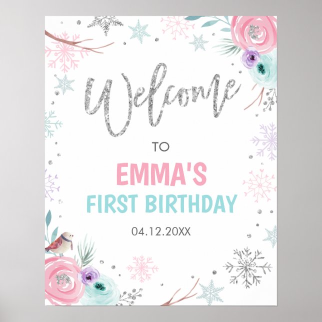 Välkommen Winter Onederland Girl Blommigt Birthday Poster (Framsidan)