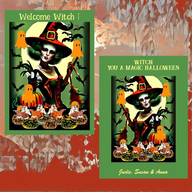 Välkommen Witch Ghoely Night Shining Jack o lanter Julkort (Welcome Witch Halloween Card)