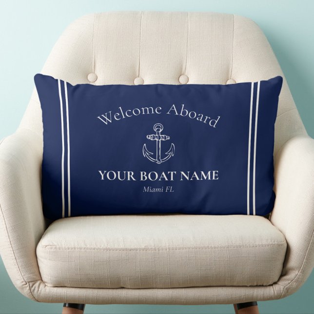 Välkomna Aboard Namn marinblå marinblå marinvit i Lumbarkudde (Classic Navy Blue Welcome Aboard Nautical Pillow Personalized with Your Boat Name and Home Port)