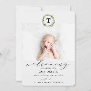 Välkomna Baby Eucalyptus Greenery Monogram Birth Meddelande