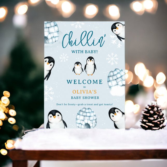 Välkomna babydusch för daglig vinterpenguin igloos poster (Cute winter penguin igloos welcome baby shower poster)