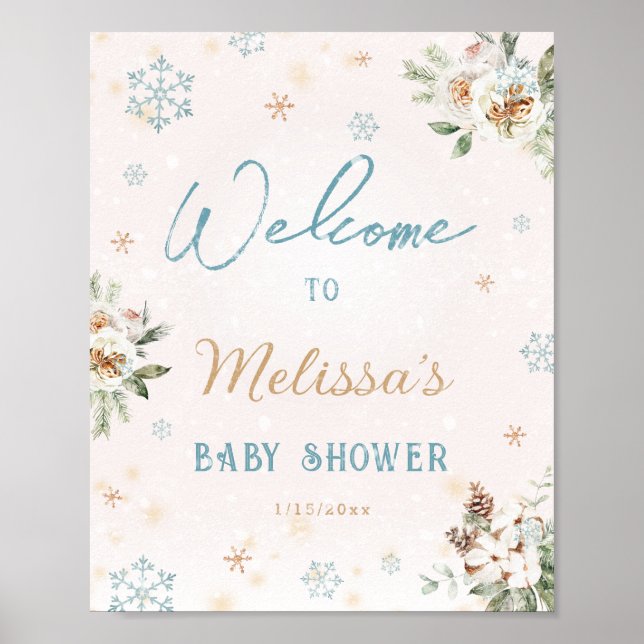 Välkomna Babystölder Vinter Wonderland Snowflake Poster (Framsidan)